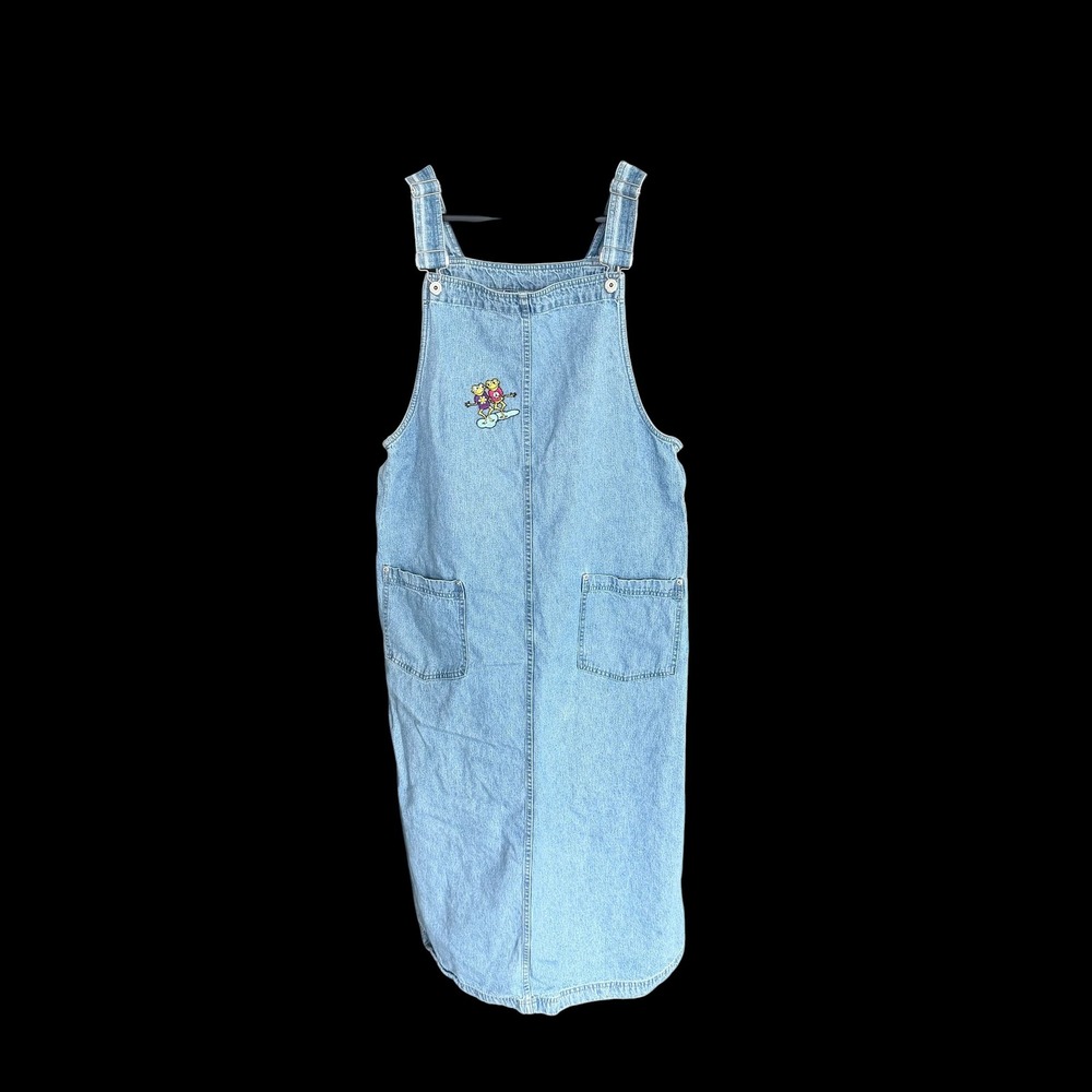 Faded Glory Vintage Denim‎ Overall Dress Frog Embroidery Distressed Small
